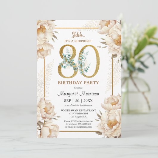 80thバースデーパーティーホワイトエレガント牡丹フローラ 招待状 (スタンド正面)