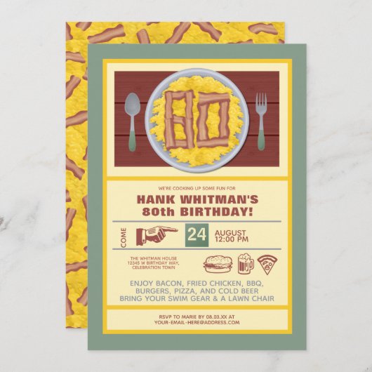 80thバースデーパーティーメンズベーコンおもしろいエッグテーマ 招待状 (正面/裏面)