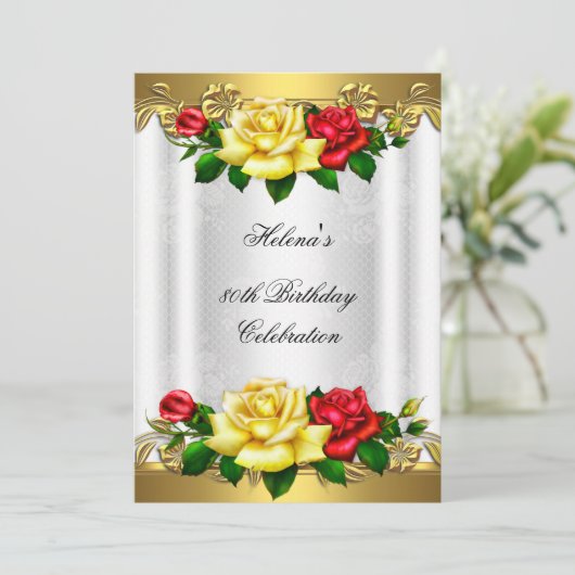 80thバースデーパーティーレッドエレガント金ゴールドバラレース 招待状 (スタンド正面)