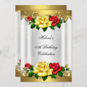 80thバースデーパーティーレッドエレガント金ゴールドバラレース 招待状 (正面/裏面)