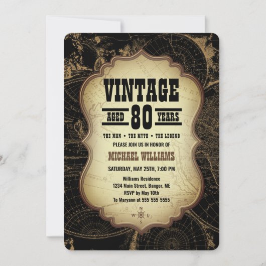 80thバースデーパーティーヴィンテージテーマ世界地図 招待状