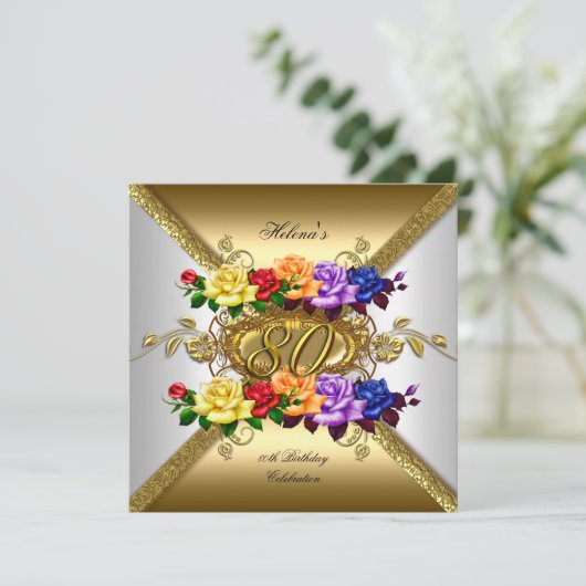 80thバースデーパーティー数々のカラー金ゴールドバラ 招待状 (スタンド正面)