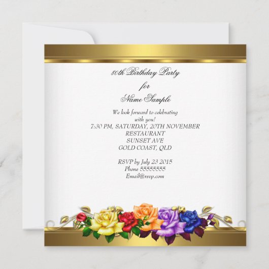 80thバースデーパーティー数々のカラー金ゴールドバラ 招待状 (裏面)