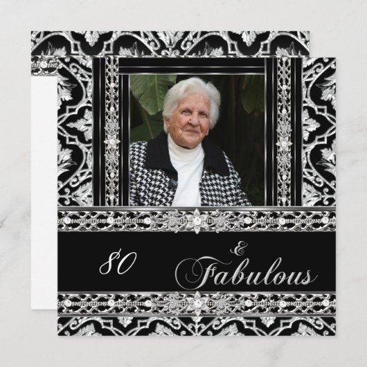 80thバースデーパーティー白黒ダマスクダイヤモンド 招待状 (正面/裏面)