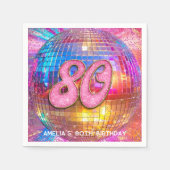 80thバースデーパーティー金ゴールドピンクグリッターディスコボール スタンダードカクテルナプキン (正面)