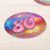 80thバースデーパーティー金ゴールドピンクグリッターディスコボール ラウンドペーパーコースター (アングル)