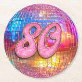 80thバースデーパーティー金ゴールドピンクグリッターディスコボール ラウンドペーパーコースター (正面)