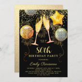 80thバースデーパーティー金ゴールドブラックグリッター紙吹雪 招待状 (正面/裏面)