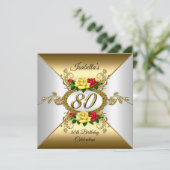80thバースデーパーティー金ゴールド赤い黄色のバラ 招待状 (スタンド正面)