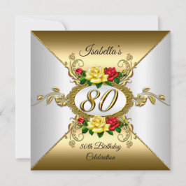 80thバースデーパーティー金ゴールド赤い黄色のバラ 招待状