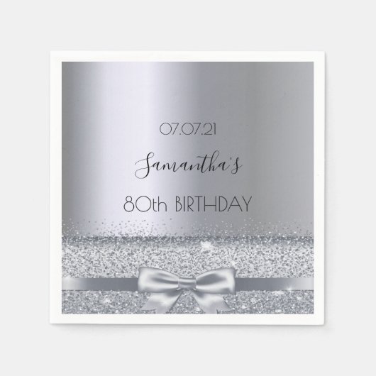 80thバースデーパーティー銀エレガント弓 スタンダードカクテルナプキン (正面)