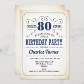 80thバースデーパーティー – レトロクリーミー白と海軍 招待状 (正面/裏面)