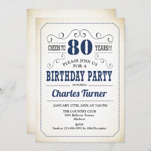 80thバースデーパーティー – レトロクリーミー白と海軍 招待状 (正面/裏面)