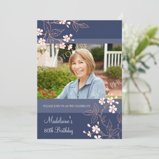 80thバースデーパーティ招待状ブルーサンゴフラワーズ 招待状 (スタンド正面)
