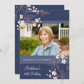 80thバースデーパーティ招待状ブルーサンゴフラワーズ 招待状 (正面/裏面)