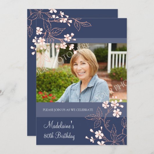 80thバースデーパーティ招待状ブルーサンゴフラワーズ 招待状 (正面/裏面)