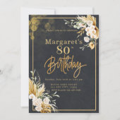 80thブラックモダン&金ゴールドフローラグリッター誕生日 招待状 (正面)