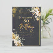 80thブラックモダン&金ゴールドフローラグリッター誕生日 招待状 (スタンド正面)