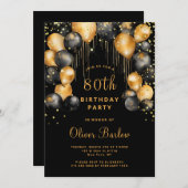 80thモダンバースデーパーティーブラック金ゴールド 招待状 (正面/裏面)