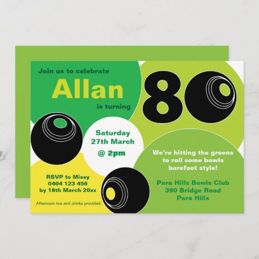 80thローンボウルズはだしのボーリング誕生日 招待状 (正面/裏面)