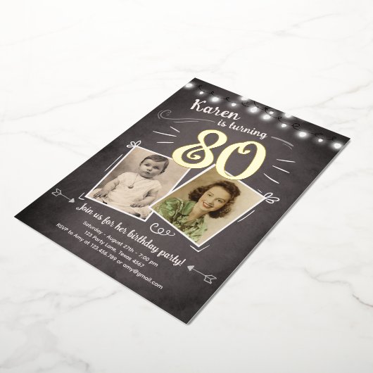 80thヴィンテージレトロ写真八十サプライズ誕生日 箔招待状 (回転した状態)