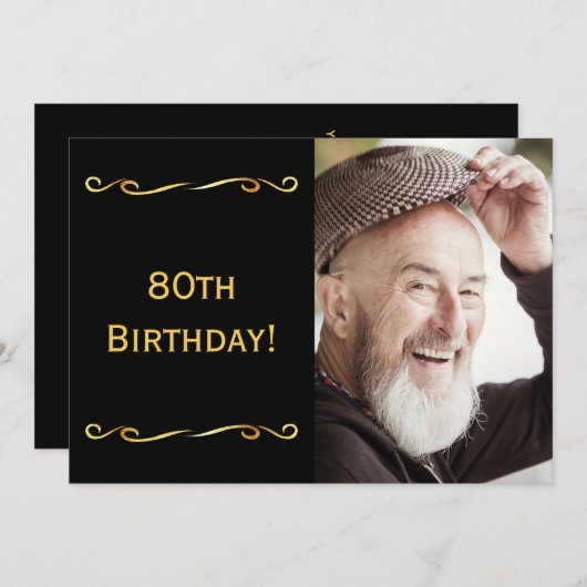 80th誕生日の招待フォトブラック男のための黒 招待状 (正面/裏面)