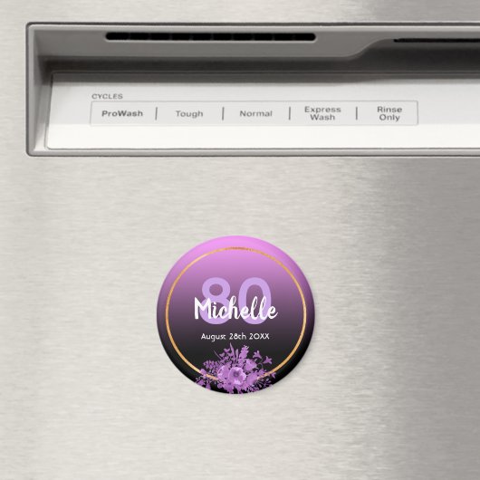 80th誕生日の紫の黒の金ゴールドは日付を保存 マグネット (インサイチュ (食洗機))