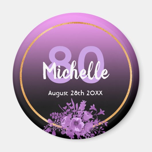 80th誕生日の紫の黒の金ゴールドは日付を保存 マグネット (正面)