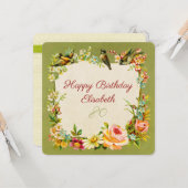 80th誕生日の花と鳥のアンティークヴィンテージカード カード (正面/裏面インサイチュ)