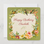 80th誕生日の花と鳥のアンティークヴィンテージカード カード (正面)