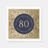 80th誕生日エレガントヴィンテージ金ゴールドバラネイビーブルー スタンダードカクテルナプキン (正面)