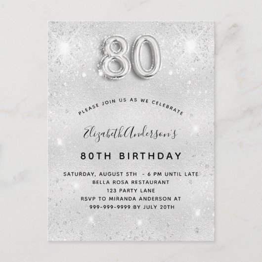 80th誕生日シルバーグリッターグラマラス インビテーションポストカード (正面)