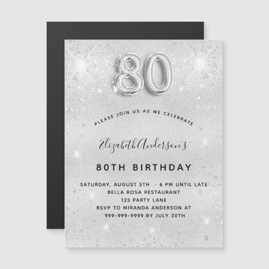 80th誕生日シルバーグリッターグラマラス マグネット招待状 (正面/裏面)
