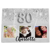 80th誕生日シルバーグリッターダストフォトモノグラム ラージペーパーバッグ (正面)