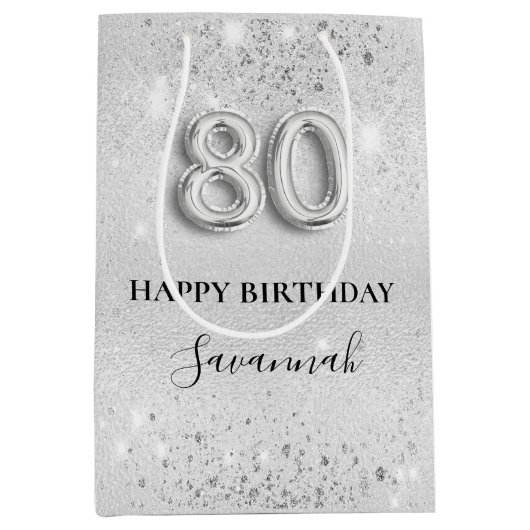 80th誕生日シルバーグリッターダストモノグラム ミディアムペーパーバッグ (正面)