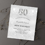 80th誕生日シルバーグリッター予算 チラシ<br><div class="desc">この招待はチラシ紙で非常に薄い。封筒は含まれない。厚い招待状(同じデザイン)は当店を訪ねてほしい。80歳モダンのスタイリッシュ誕生日パーティーへの華やかな招待。銀フェイク色の背景、飾グリッターの塵。名前とパーティー・詳細のパーソナライズおよび追加80番はバ書ロンスタイルフォント、スクリプト付き。</div>