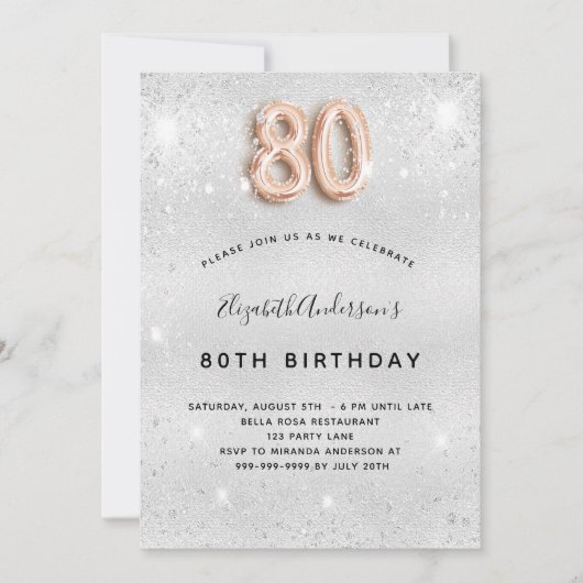 80th誕生日シルバーメタルバラ金ゴールドグリッター 招待状 (正面)