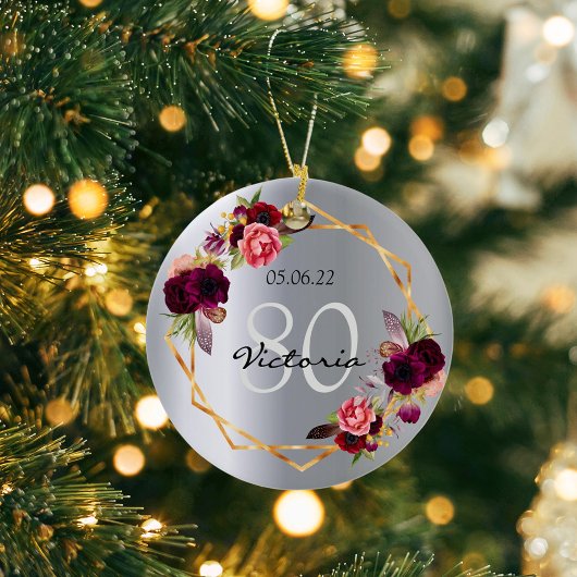 80th誕生日シルバー花模様幾何学的ブルゴーニュ セラミックオーナメント
