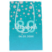 80th誕生日ティール（緑がかった色）ブルーグリーングリッター名ダイヤモンド ミディアムペーパーバッグ (正面)