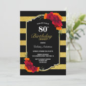 80th誕生日ディナー金ゴールドストライプのレッドフローラ 招待状 (スタンド正面)