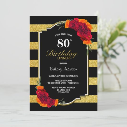 80th誕生日ディナー金ゴールドストライプのレッドフローラ 招待状 (スタンド正面)