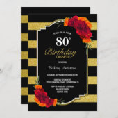 80th誕生日ディナー金ゴールドストライプのレッドフローラ 招待状 (正面/裏面)