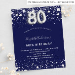 80th誕生日ネイビー・ブルー・シルバー・バジェット招待状 チラシ<br><div class="desc">この招待はチラシ紙で非常に薄い。封筒は含まれない。厚い招待状(同じデザイン)は当店を訪ねてほしい。80歳モダンのスタイリッシュ誕生日パーティーへの華やかな招待。紺色の背景、銀飾色の星フェイク付き。名前とパーティー・詳細のパーソナライズおよび追加80番はバ書ロンスタイルフォント。</div>