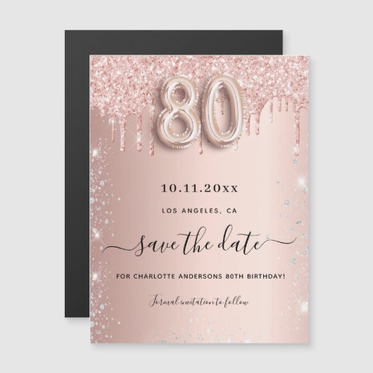 80th誕生日バラグリッター日付磁石を保存 (正面/裏面)