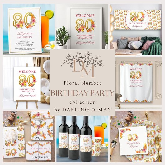 80th誕生日パーティかわいらしフローラ金ゴールド番号80 I 招待状