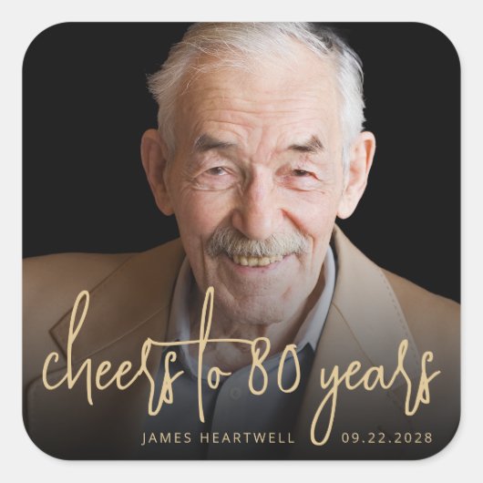 80th誕生日パーティフォト応援金ゴールドスクリプト スクエアシール (正面)