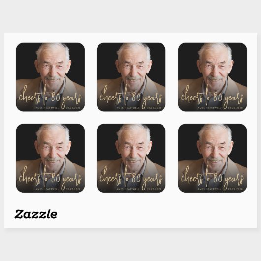 80th誕生日パーティフォト応援金ゴールドスクリプト スクエアシール (シート)