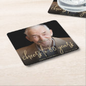 80th誕生日パーティフォト応援金ゴールドスクリプト スクエアペーパーコースター (アングル)