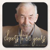 80th誕生日パーティフォト応援金ゴールドスクリプト スクエアペーパーコースター (正面)