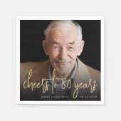 80th誕生日パーティフォト応援金ゴールドスクリプト スタンダードカクテルナプキン (正面)